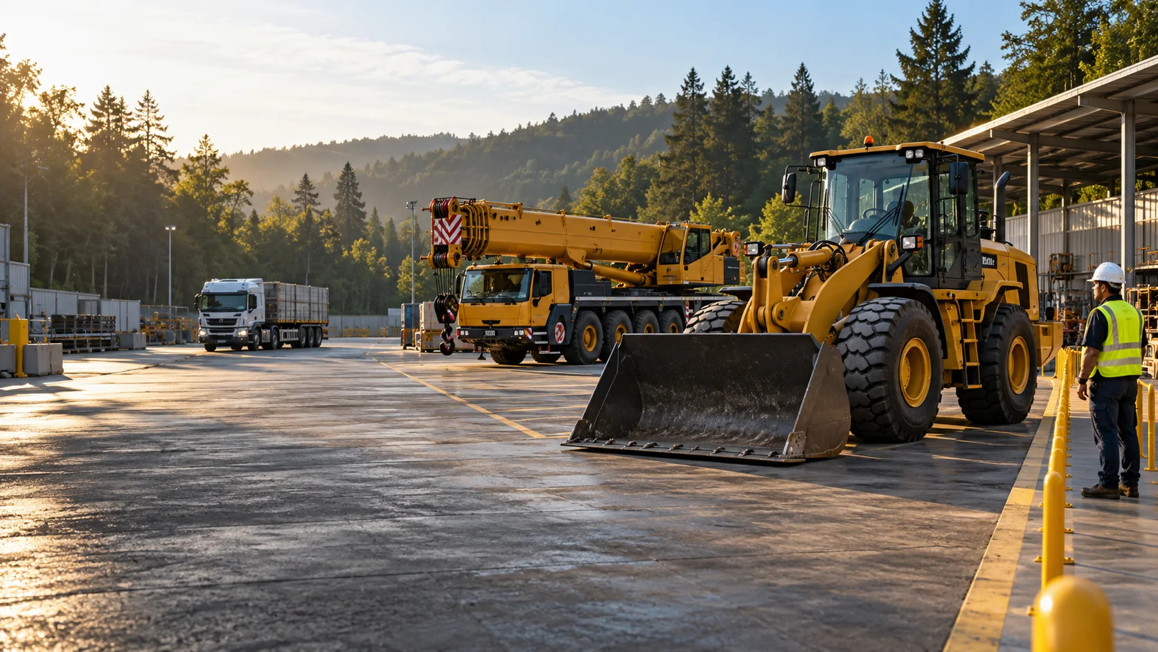 Conceptual image of a wheel loader and mobile crane in an equipment training yard
