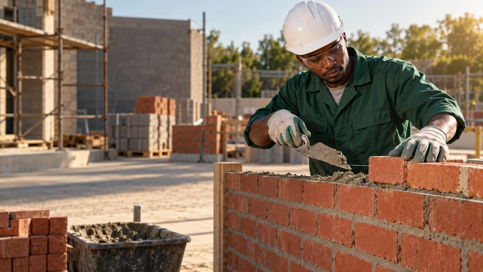 Conceptual image of a bricklayer working on a brick wall in a training yard